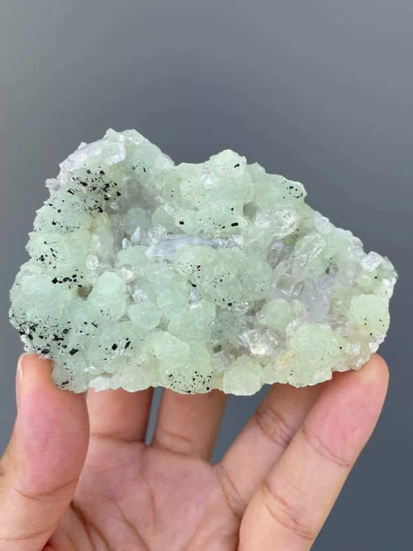 Whole front view of mint-green prehnite and clear quartz with dark babingtonite, Qiaojia
