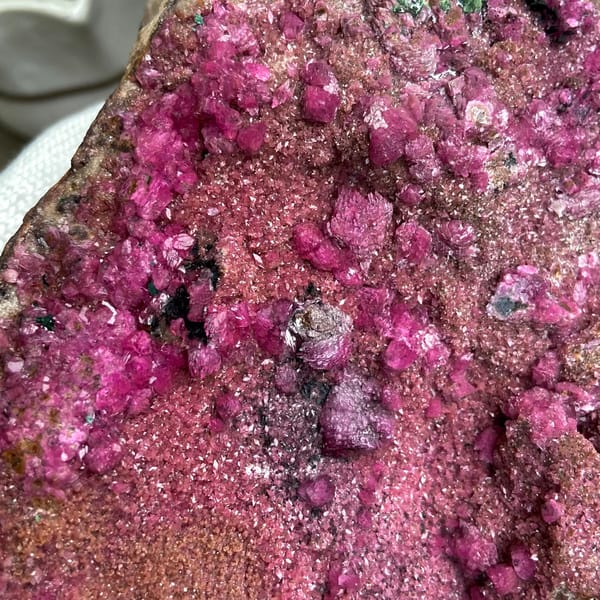 Large magenta cobaltoan calcite with malachite — detail view