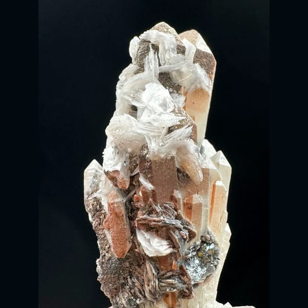 Red quartz with petal calcite and specular hematite from Inner Mongolia — complete view