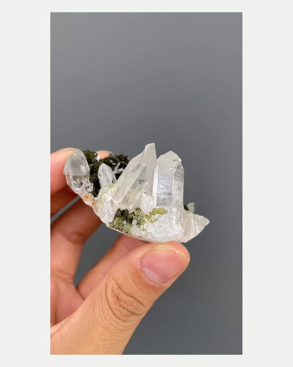 Complete left oblique view of epidote with quartz crystals