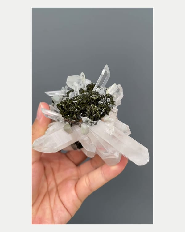 Complete left oblique view of epidote with quartz crystals