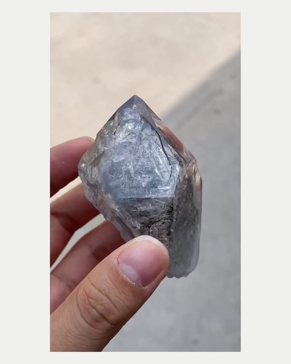 Complete right oblique view of dark included quartz point