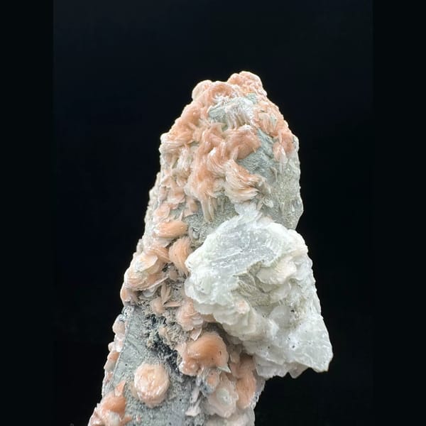 Quartz with pink petal calcite and specular hematite from Inner Mongolia — alternate view
