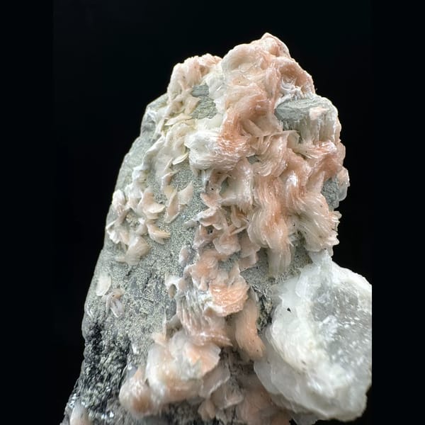 Quartz with pink petal calcite and specular hematite from Inner Mongolia — alternate view