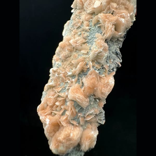 Quartz with pink petal calcite and specular hematite from Inner Mongolia — detail view