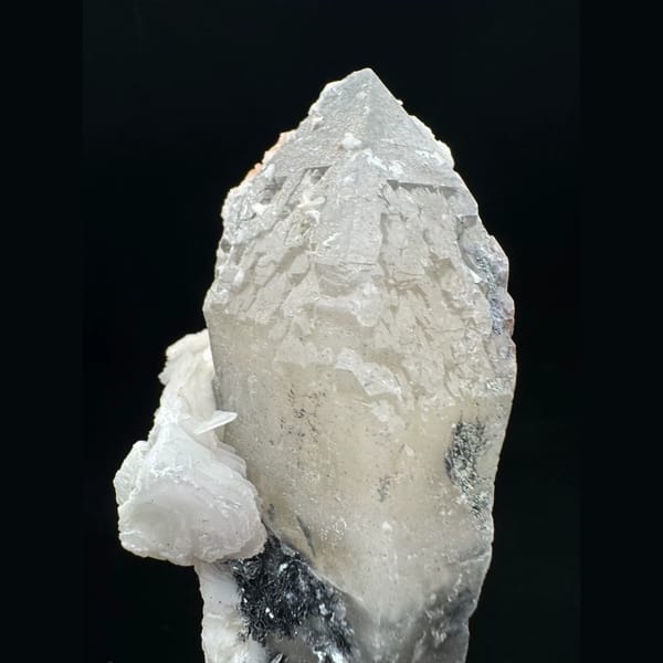 Quartz with pink petal calcite and specular hematite from Inner Mongolia — detail view