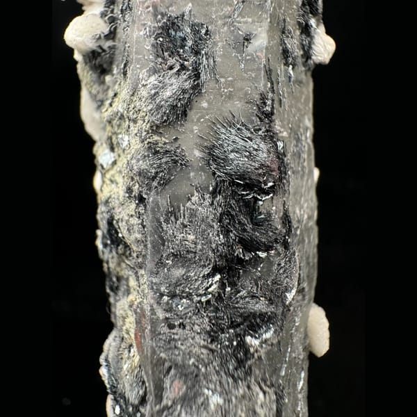 Quartz with pink petal calcite and specular hematite from Inner Mongolia — detail view