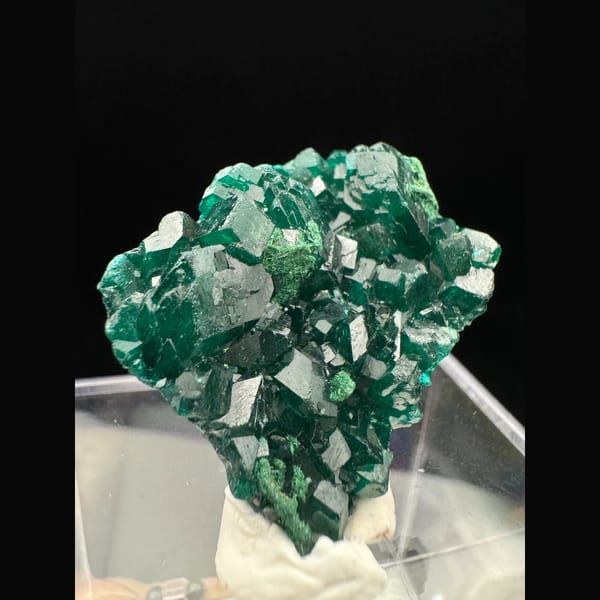 Dioptase crystal cluster with malachite from the Congo — alternate view