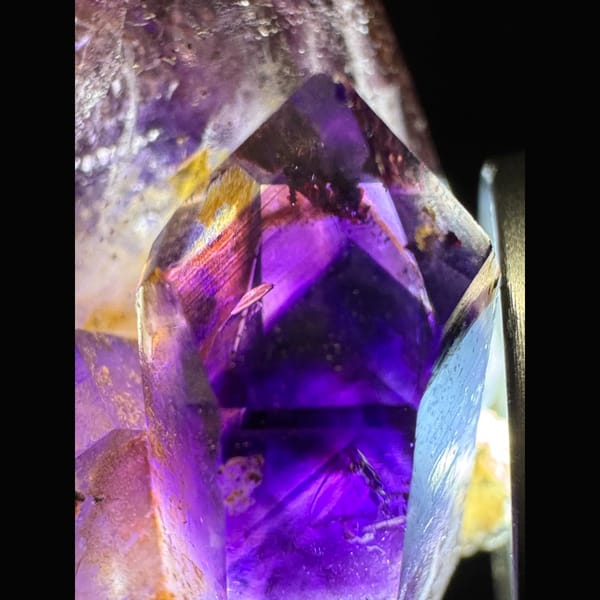 Phantom amethyst cluster with red inclusions from Namibia — complete view