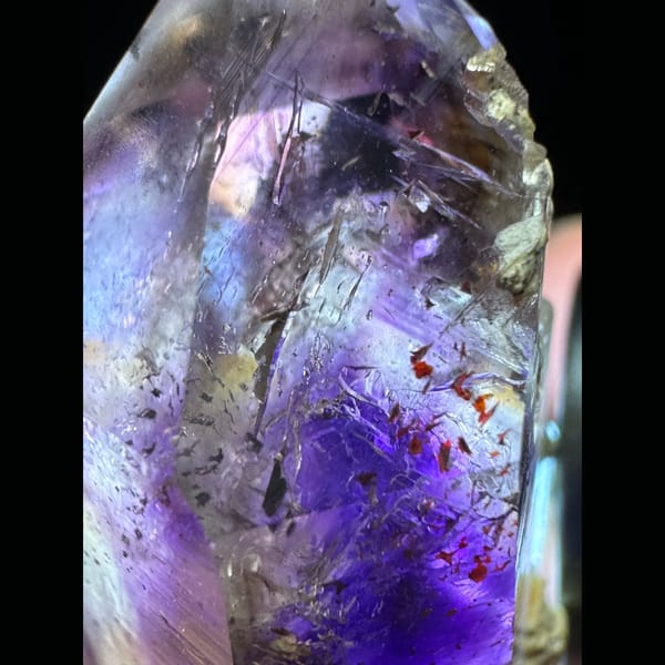 Phantom amethyst cluster with red inclusions from Namibia — alternate view