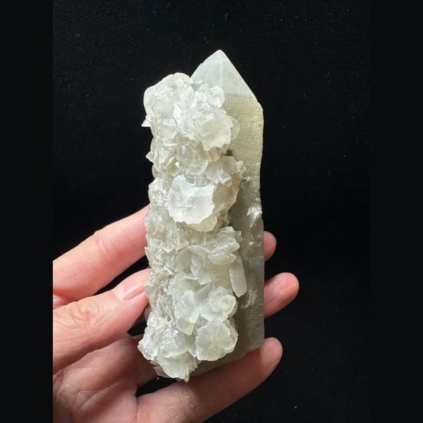 Quartz floater with white petal calcite from Inner Mongolia — complete view
