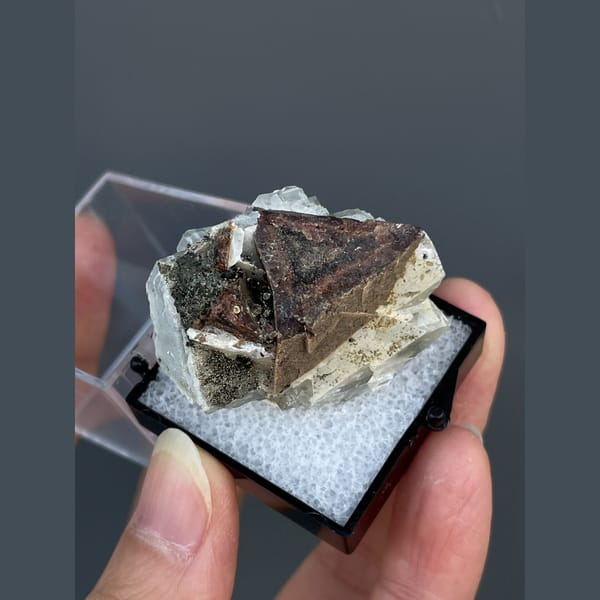 Brown helvite crystals on white calcite from Inner Mongolia — alternate view