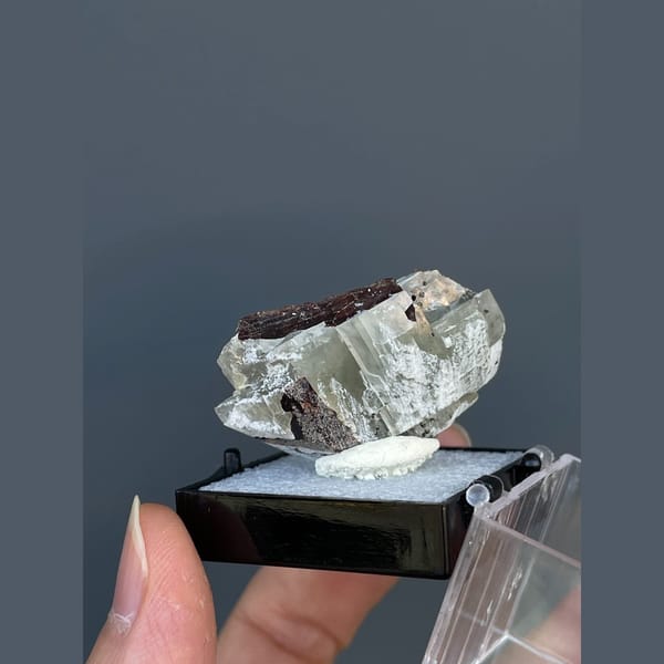 Brown helvite crystals on white calcite from Inner Mongolia — detail view