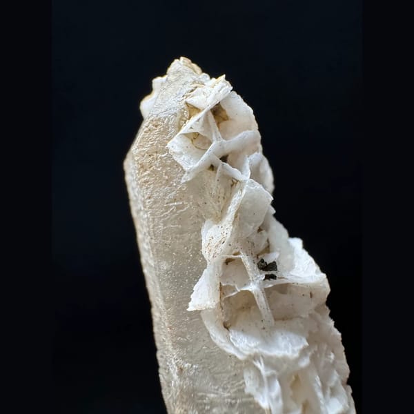 Slender quartz floater with white petal calcite from Inner Mongolia — alternate view