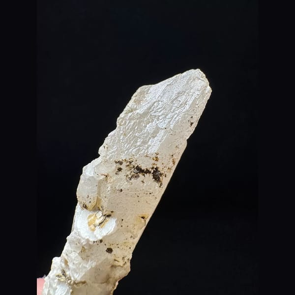 Slender quartz floater with white petal calcite from Inner Mongolia — detail view