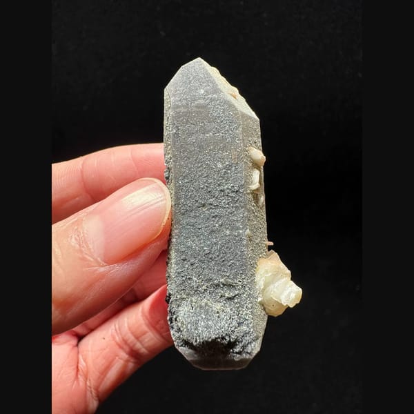 Green-skinned double-terminated quartz with calcite from Inner Mongolia — alternate view