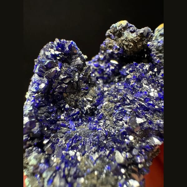 Sparkling azurite with malachite from Anhui — detail view
