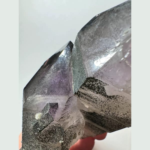 Green-skinned phantom amethyst with hematite from Inner Mongolia — alternate view