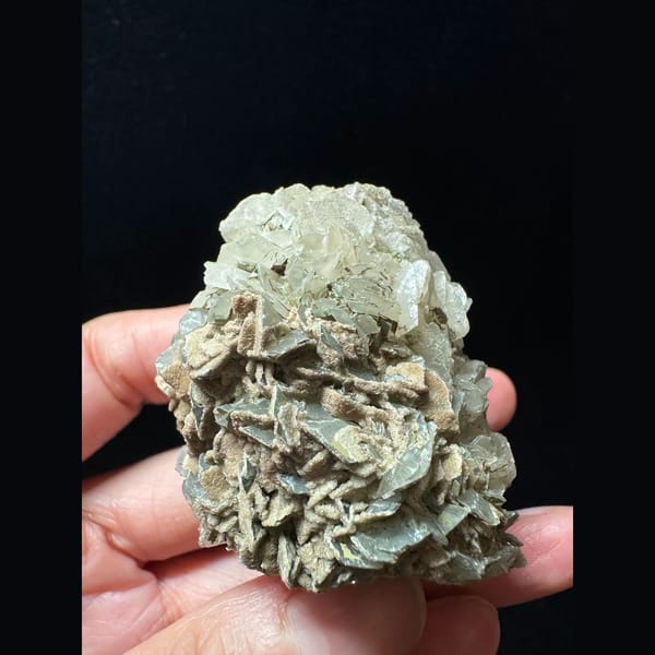 Green-skinned quartz with petal calcite from Inner Mongolia — alternate view
