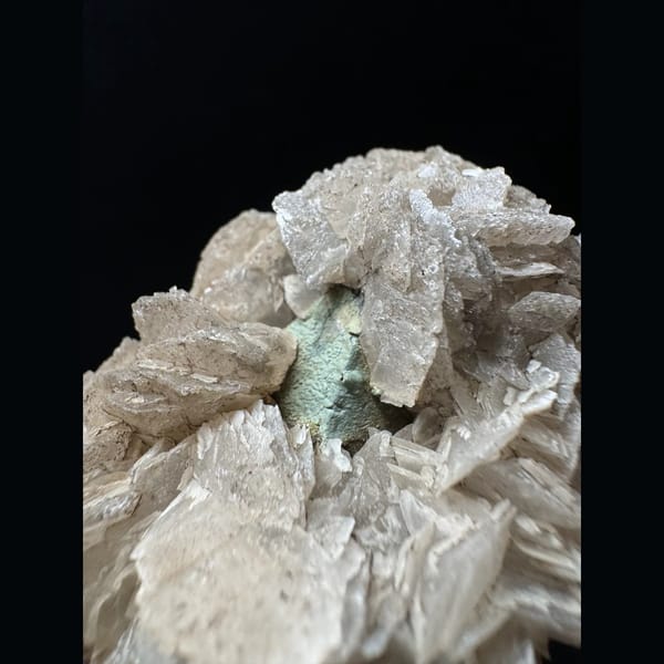Green-skinned quartz with petal calcite from Inner Mongolia — detail view