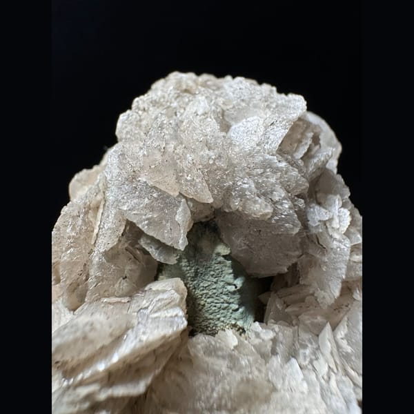 Green-skinned quartz with petal calcite from Inner Mongolia — detail view