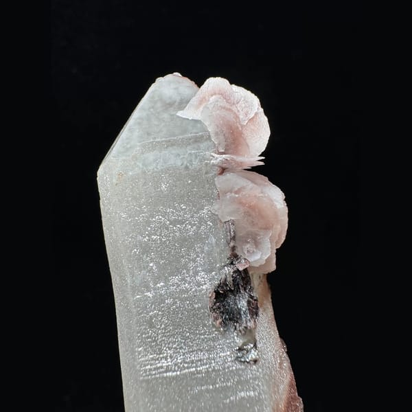 Pink-skinned quartz with petal calcite and hematite from Inner Mongolia — alternate view