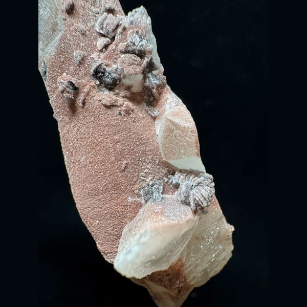 Pink-skinned quartz with petal calcite and hematite from Inner Mongolia — alternate view