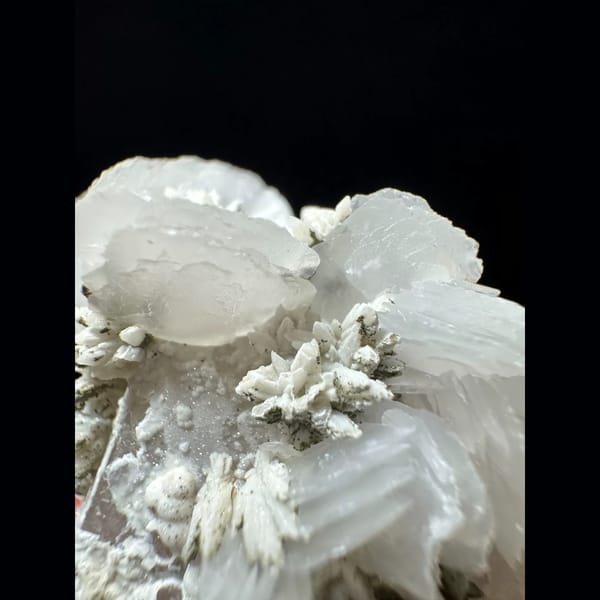 Quartz with dogtooth, petal and ball calcite from Inner Mongolia — detail view
