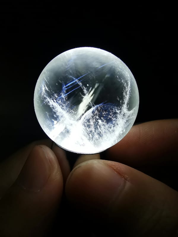 Blue Needle Quartz Sphere with Snow-Mountain Veil — complete mineral specimen view 2