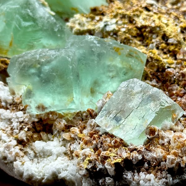 Large sea green fluorite cubes on matrix from Xianghualing, Hunan — alternate view
