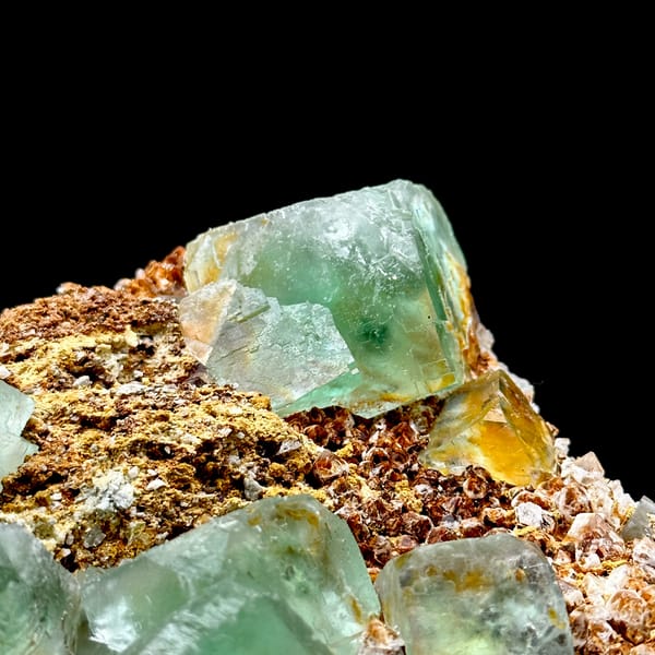 Large sea green fluorite cubes on matrix from Xianghualing, Hunan — alternate view