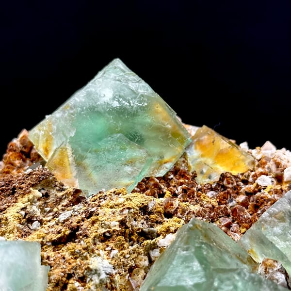 Large sea green fluorite cubes on matrix from Xianghualing, Hunan — detail view