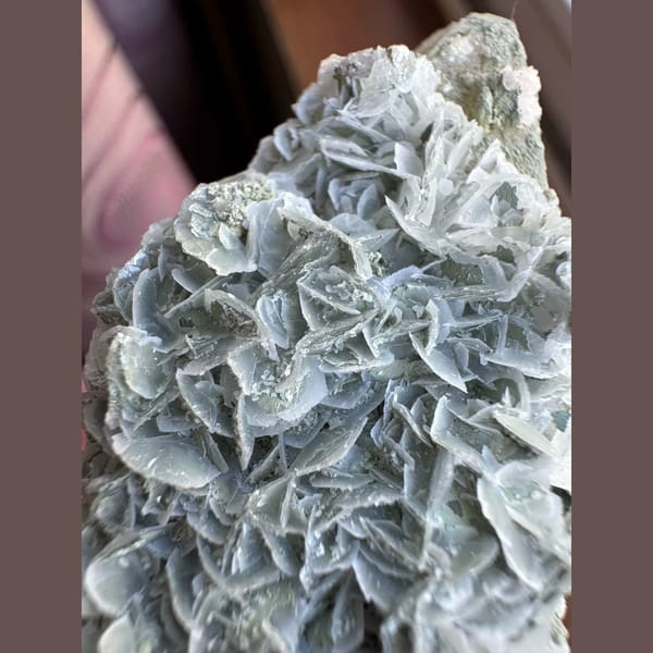 Quartz floater with blue-green petal calcite from Inner Mongolia — alternate view