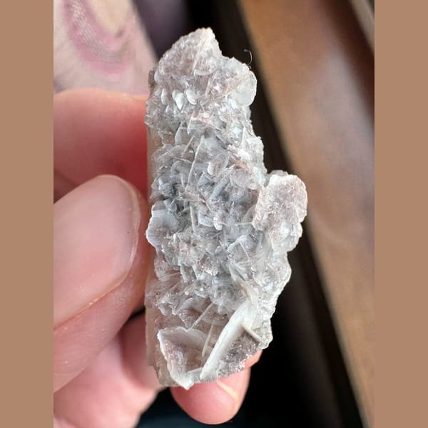 Small quartz with pale pink petal calcite and hematite from Inner Mongolia — complete view