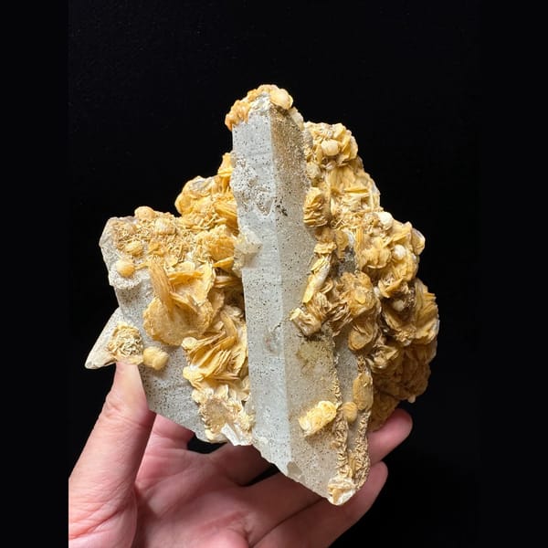 Large quartz with golden petal calcite from Inner Mongolia — alternate view