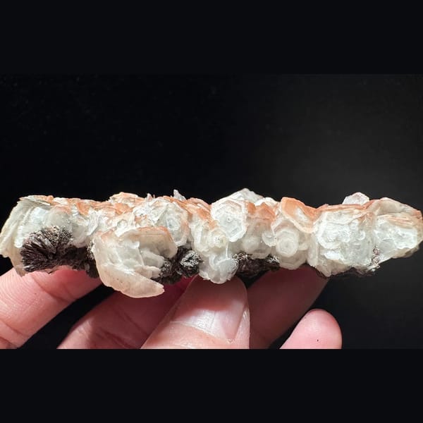 Coin calcite string with red petal calcite and hematite from Inner Mongolia — alternate view