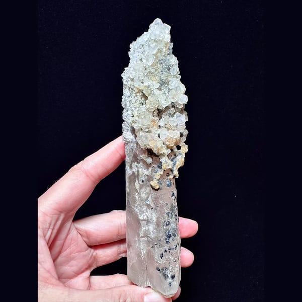 Tall quartz with secondary amethyst and hematite from Inner Mongolia — alternate view