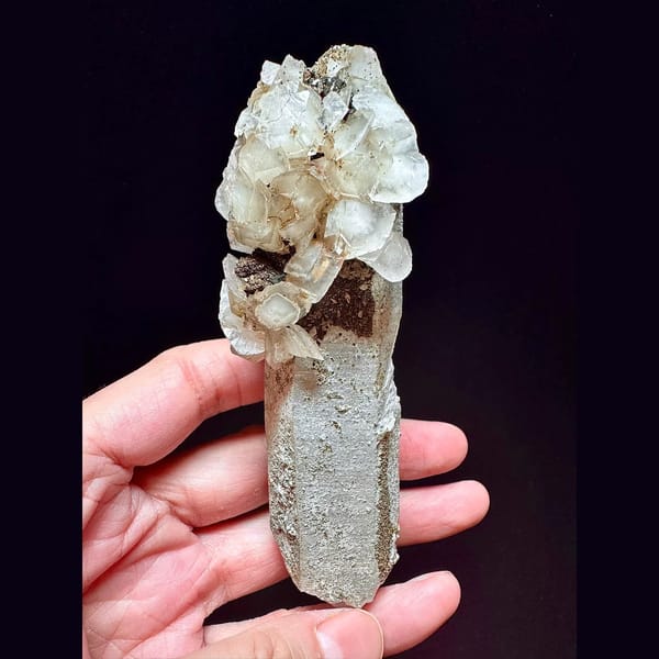 Quartz with translucent petal calcite puff from Inner Mongolia — alternate view