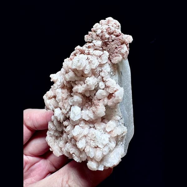 Sparkly quartz with pink layered petal calcite from Inner Mongolia — complete view