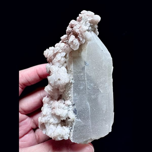 Sparkly quartz with pink layered petal calcite from Inner Mongolia — alternate view