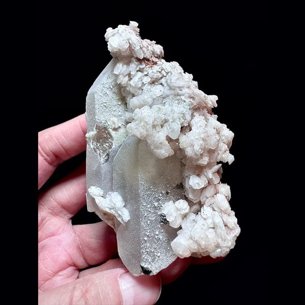 Sparkly quartz with pink layered petal calcite from Inner Mongolia — alternate view