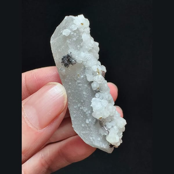 Sugar double-terminated quartz with petal calcite and hematite from Inner Mongolia — alternate view