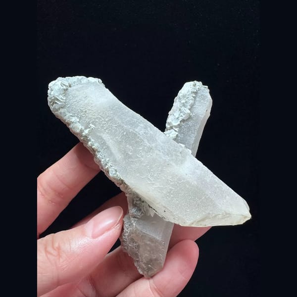 Crossed quartz floater with pale pink petal calcite from Inner Mongolia — alternate view