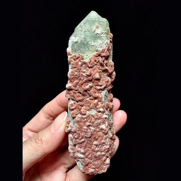 Green-skinned quartz floater with red petal calcite from Inner Mongolia — complete view
