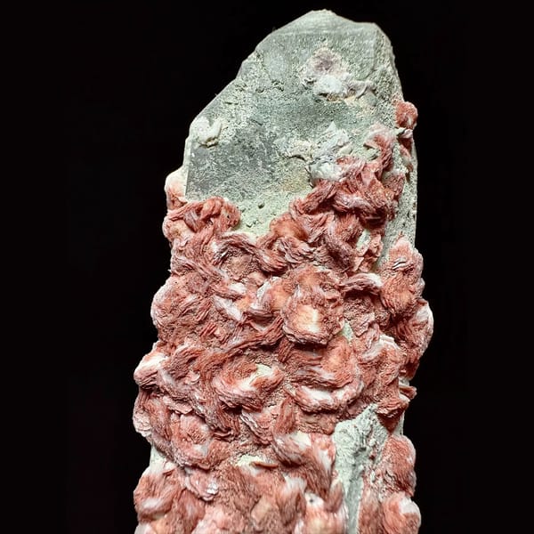 Green-skinned quartz floater with red petal calcite from Inner Mongolia — alternate view