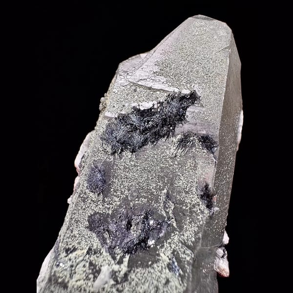 Green-skinned quartz floater with red petal calcite from Inner Mongolia — detail view