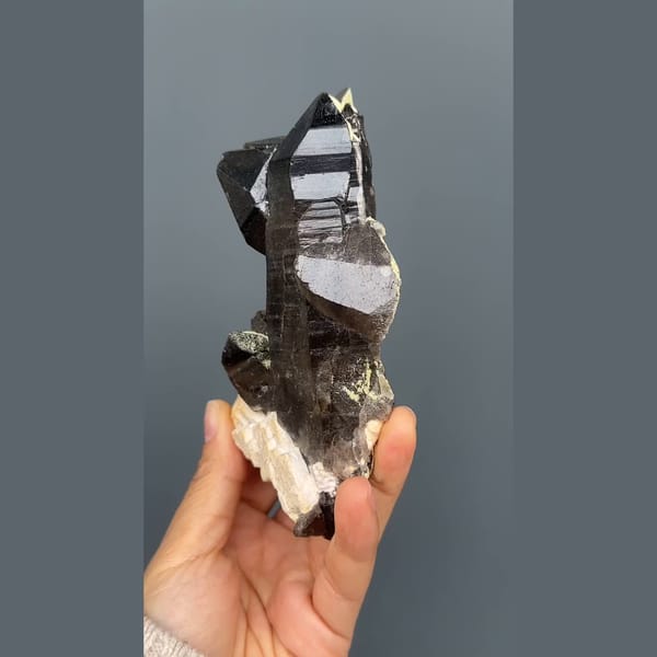 Tall near-black morion smoky quartz on cream feldspar from Wulian, Shandong — detail view