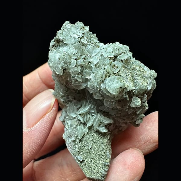 Green layered petal calcite on quartz floater from Inner Mongolia — alternate view