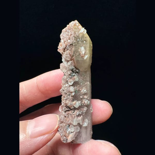 Velvet scepter quartz with pink petal calcite from Inner Mongolia — complete view
