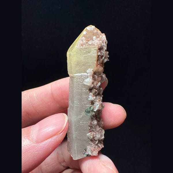 Velvet scepter quartz with pink petal calcite from Inner Mongolia — alternate view